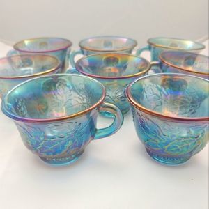 Iridescent Blue Carnival Glass Teacup Set - 8 Pieces